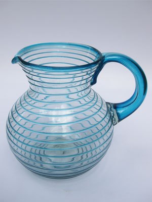 New Items / Aqua Blue Spiral 120 oz Large Bola Pitcher / This pitcher is a work of art by itself. Its aqua blue swirls add a beautiful touch to the design.